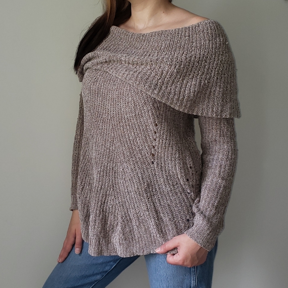 MOTH Taupe Tan Off the Shoulder Chenille Sweater S Anthropologie